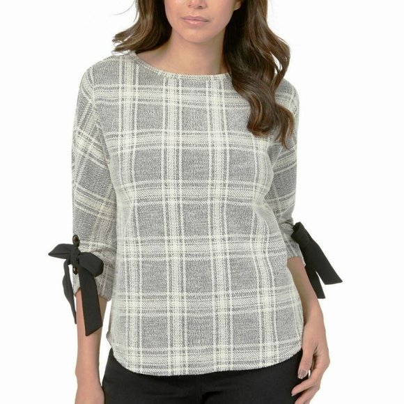 CHARTER CLUB Textured Plaid Top Boat Neckline Black Bow Kimono Sleeves Sz S NEW - Picture 6 of 6